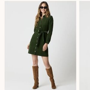 J.Crew Pine Green Corduroy Shirt Dress Belted Long Sleeve NWT Size 2